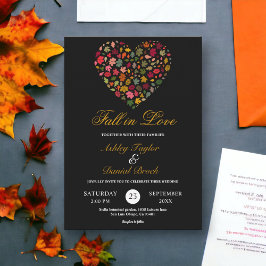 エレガント紅葉ハートブラックフローラ結婚ズ 招待状