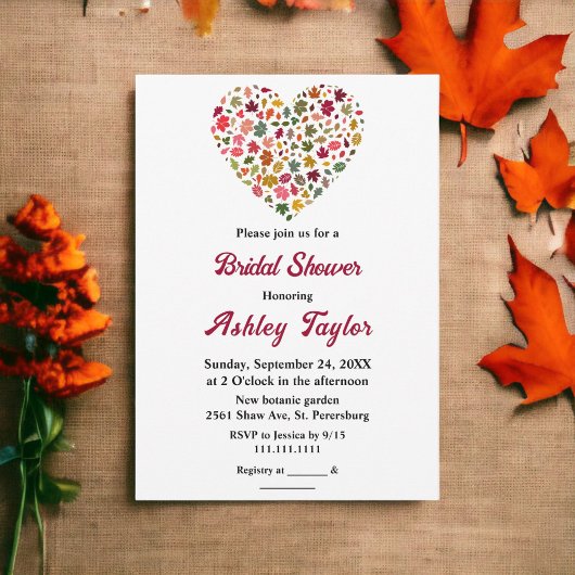 エレガント紅葉ロマンチックハートブライダルシャワー 招待状