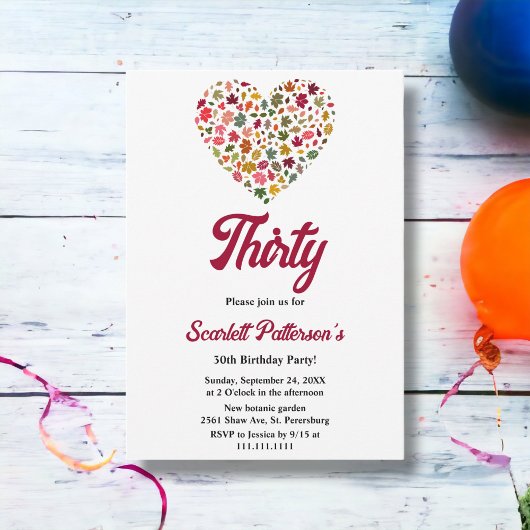 エレガント紅葉ロマンチックハート30th Birthday 招待状