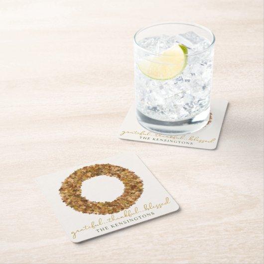 エレガント紅葉感謝祭素朴リース スクエアペーパーコースター (インサイチュ)