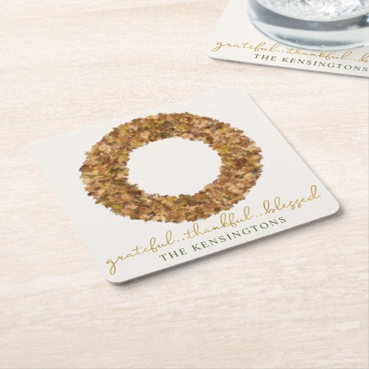 エレガント紅葉感謝祭素朴リース スクエアペーパーコースター (アングル)