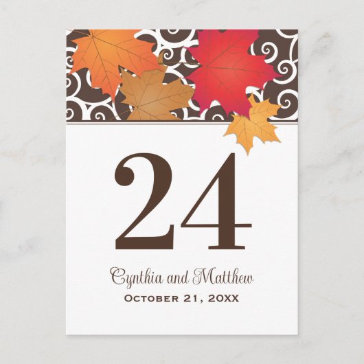 エレガント紅葉秋の結婚式テーブル番号 ポストカード (正面)