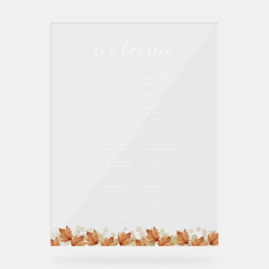 エレガント紅葉秋の結婚式プログラム アクリルサイン (正面)