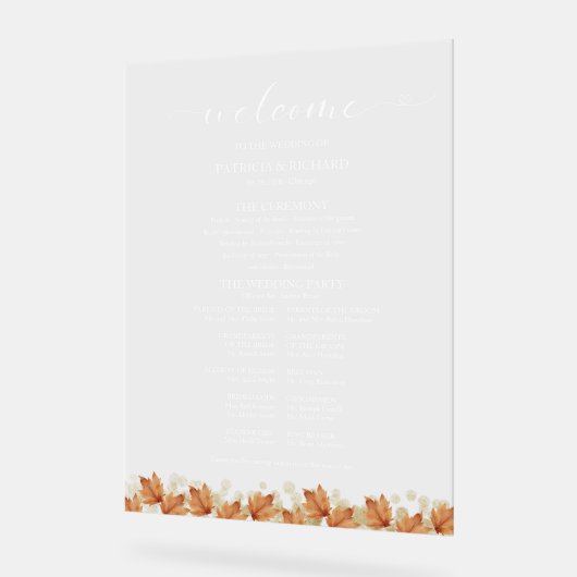 エレガント紅葉秋の結婚式プログラム アクリルサイン (傾斜)