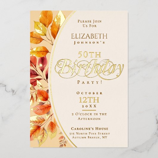 エレガント紅葉秋50誕生日 箔招待状 (正面)