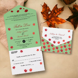 エレガント紅葉素朴セージグリーン秋の結婚式 オールインワン招待状