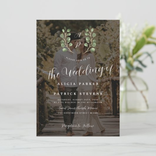 エレガント紋付きモノグラ結婚ム写真オーバーレイ 招待状 (スタンド正面)