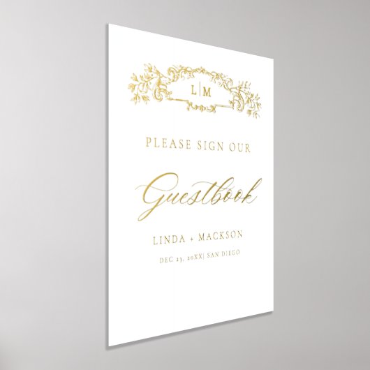 エレガント紋章結婚のゲストブック記号 箔ポスター (レイダウン)