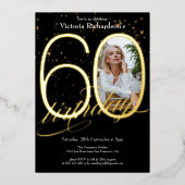 エレガント紙吹雪フォトブラック金ゴールド60誕生日 箔招待状 (正面)