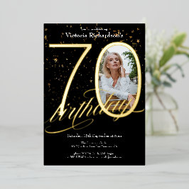 エレガント紙吹雪フォトブラック金ゴールド70誕生日 箔招待状