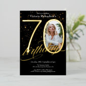 エレガント紙吹雪フォトブラック金ゴールド70誕生日 箔招待状 (立ち正面)