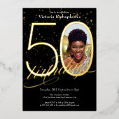 エレガント紙吹雪ブラック金ゴールド写真50誕生日 箔招待状 (正面)
