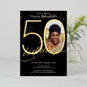 エレガント紙吹雪ブラック金ゴールド写真50誕生日 箔招待状 (立ち正面)