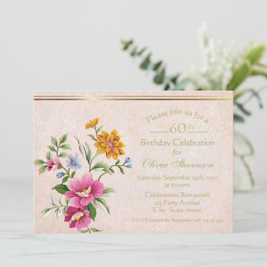エレガント素朴アンティーク金ゴールドフローラ60誕生日 招待状 (スタンド正面)