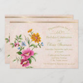 エレガント素朴アンティーク金ゴールドフローラ60誕生日 招待状 (正面/裏面)