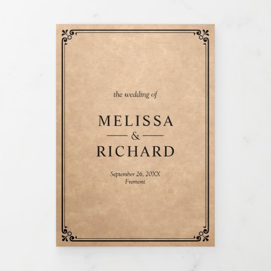 エレガント素朴クラシッククラフトモノグラム結婚ズ 三つ折り招待状 (カバー)