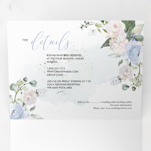 エレガント素朴ダスティブルーウォーターバラ 三つ折り招待状 (内部最初)