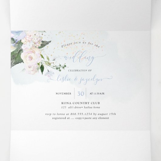 エレガント素朴ダスティブルーウォーターバラ 三つ折り招待状 (内部中)