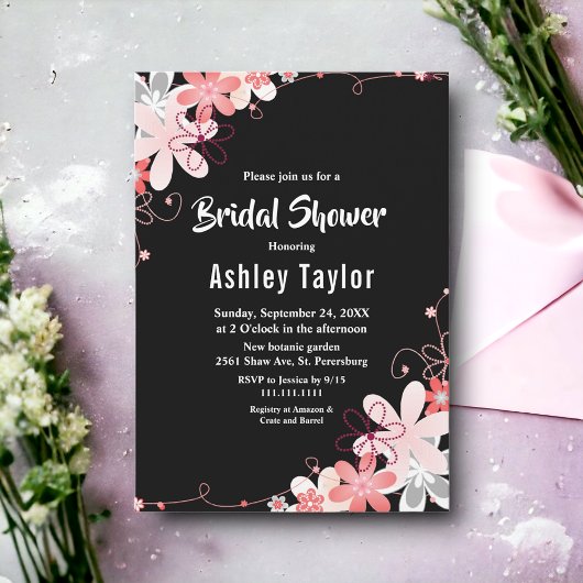 エレガント素朴バラブラックフローラブライダルシャワー 招待状