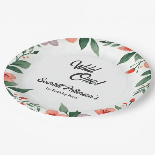 エレガント素朴フローラガーデン夏の第1誕生日 ペーパープレート (アングル)