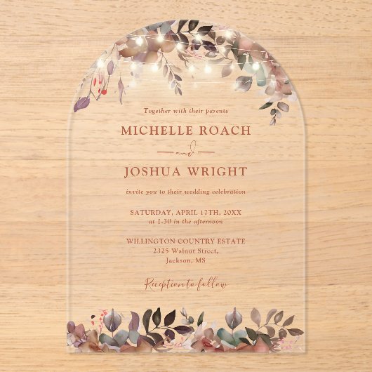 エレガント素朴フローラストリングラ結婚イト アクリル招待状 (正面)