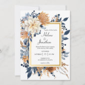 エレガント素朴フローラネイビーブルーテラコッタ結婚ス 招待状 (正面)