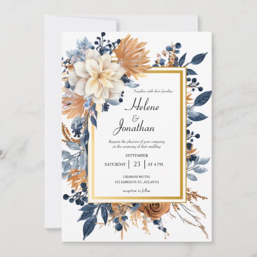 エレガント素朴フローラネイビーブルーテラコッタ結婚ス 招待状 (正面)