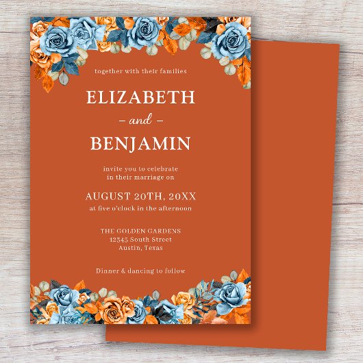 エレガント素朴フローラネイビーラストテラコタ結婚ス 招待状