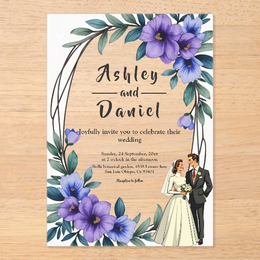 エレガント素朴フローラリース新郎結婚の アクリル招待状 (正面)