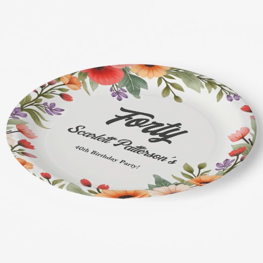 エレガント素朴フローラ園夏40歳の誕生日 ペーパープレート (アングル)