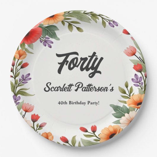エレガント素朴フローラ園夏40歳の誕生日 ペーパープレート (正面)