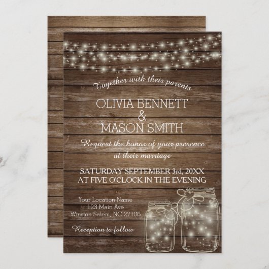 エレガント素朴メイスンの結婚電灯 招待状 (正面/裏面)