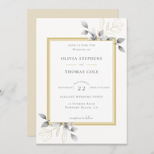 エレガント素朴ユーカリ白黒結婚金ゴールド 招待状 (正面/裏面)