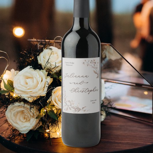 エレガント素朴ワイルドフラワースクリプトシルバー ワインラベル