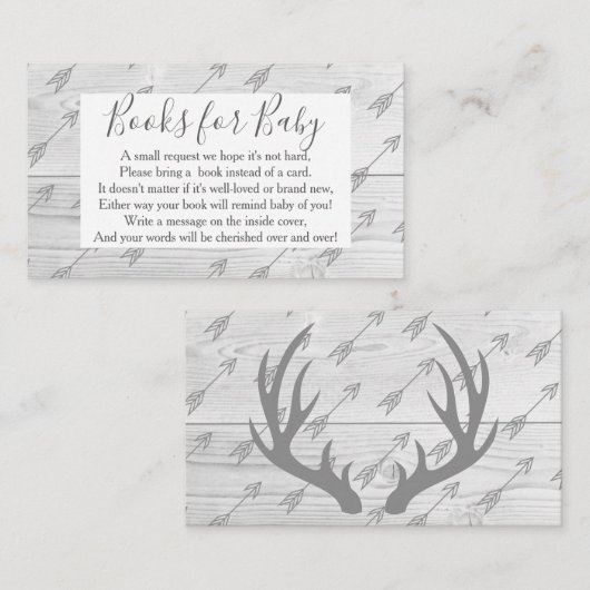 エレガント素朴木とグレーの〔雄ジカの〕枝角ブックリクエスト エンクロージャーカード (正面/裏面)