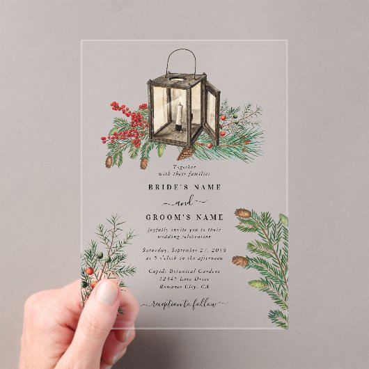 エレガント素朴松結婚灯 アクリル招待状 (インサイチュ (ポータブル))