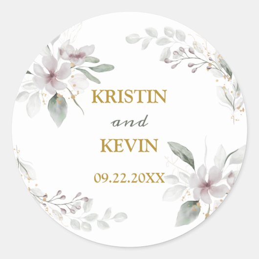 エレガント素朴白い花の水色金ゴールド ラウンドシール (正面)