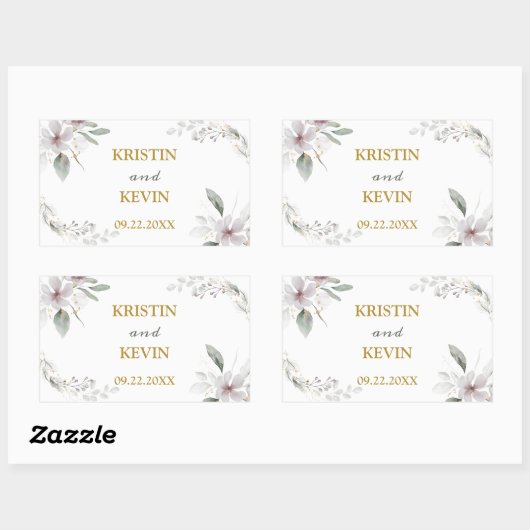 エレガント素朴白い花の水色金ゴールド 長方形シール (シート)