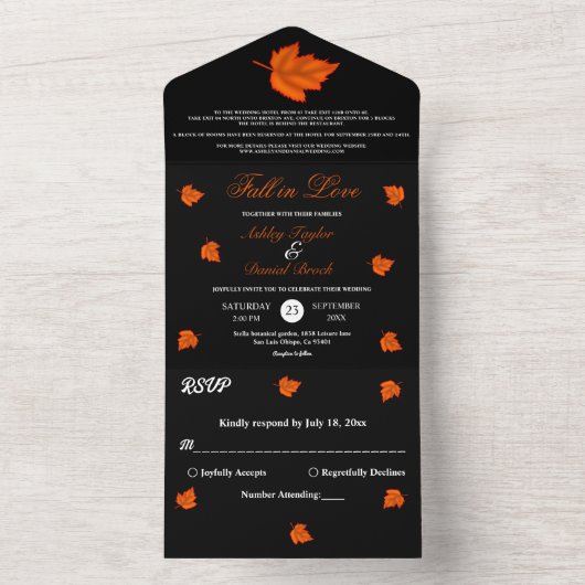エレガント素朴白黒オレンジ秋の結婚式 オールインワン招待状 (内側)