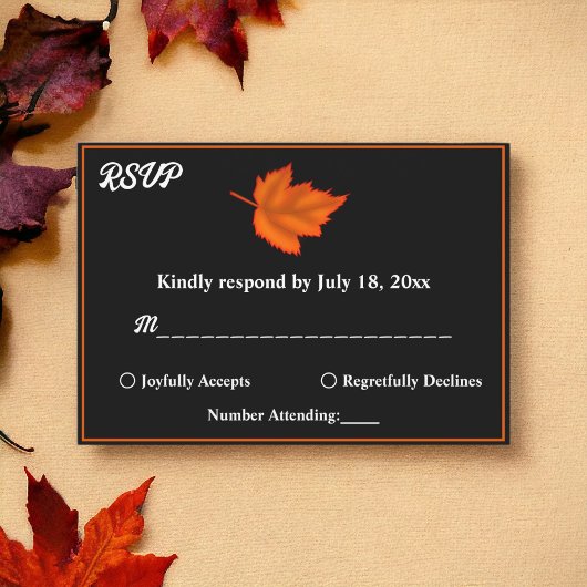 エレガント素朴白黒オレンジ秋の結婚式 出欠カード