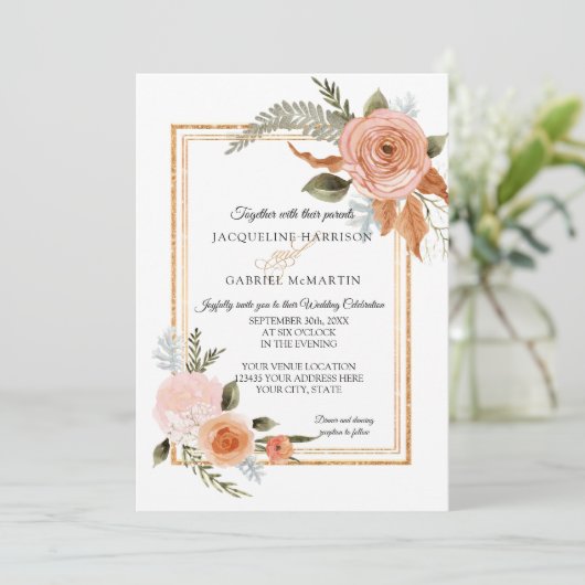 エレガント素朴秋フローラテラコッタ金ゴールド結婚の 招待状 (スタンド正面)