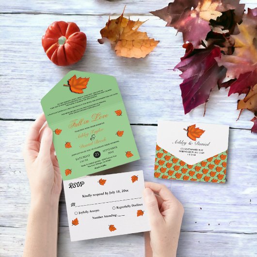 エレガント素朴紅葉セージ秋の結婚式 オールインワン招待状