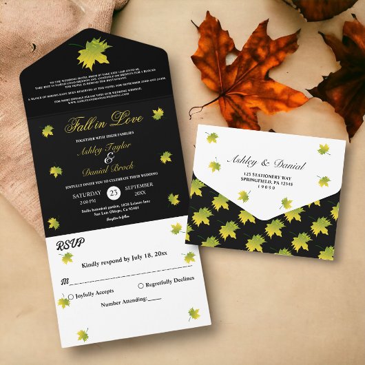 エレガント素朴紅葉白黒結婚ズ オールインワン招待状