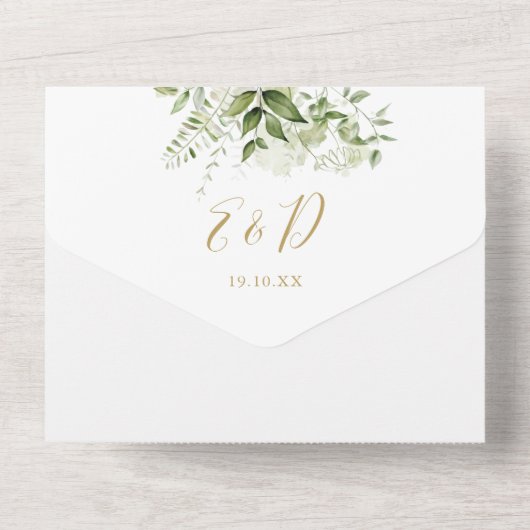 エレガント素朴緑金ゴールド結婚タイポグラフィ オールインワン招待状 (裏面)