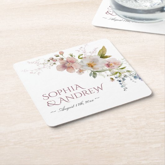 エレガント素朴花結婚の スクエアペーパーコースター (アングル)