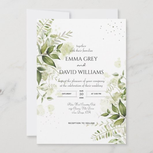 エレガント素朴葉水色結婚GREENERY 招待状 (正面)