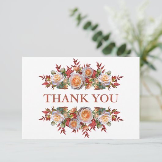 エレガント素朴赤面ピンクローズリース結婚ズ サンキューカード (スタンド正面)