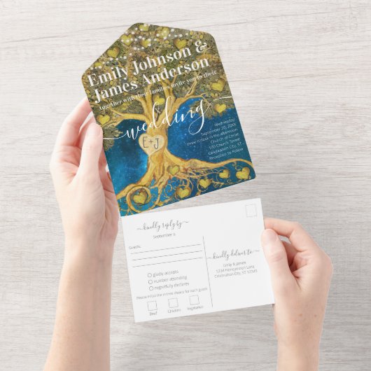 エレガント素朴金ゴールドハートリーフ結婚ツリー オールインワン招待状 (貼ってはがせる)