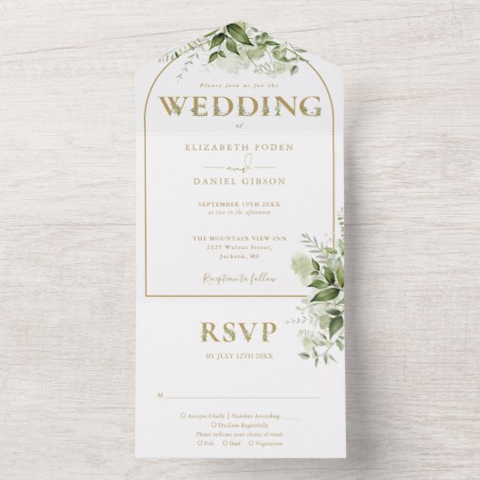 エレガント素朴金ゴールド結婚アーチ オールインワン招待状 (内側)