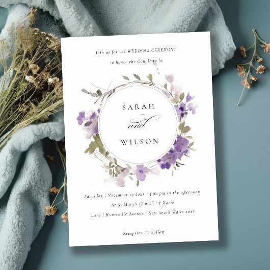 エレガント素朴Meadow薄紫フローラ結婚リース 招待状